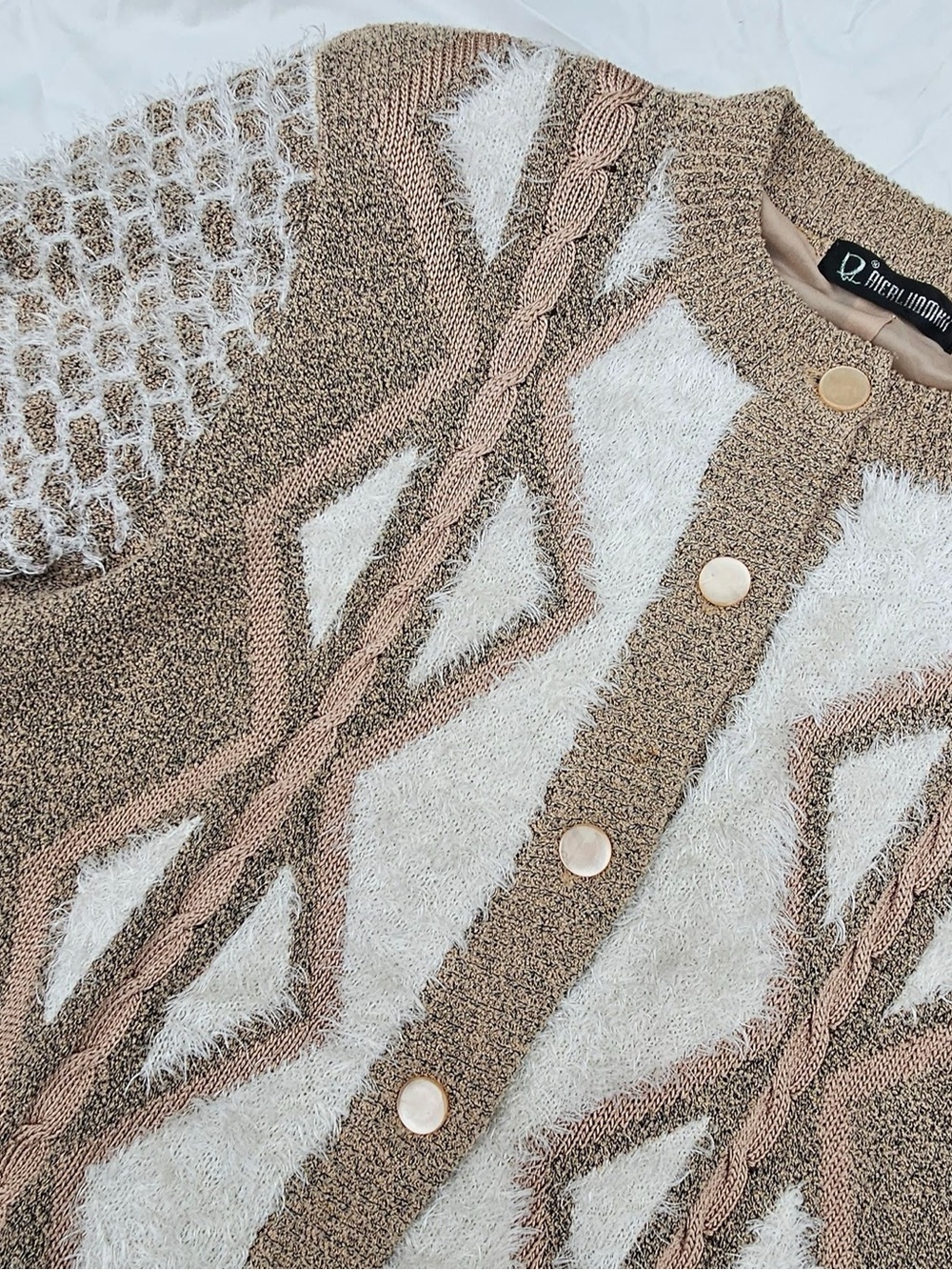 Beige & Cream Textured Button Knit Cardigan